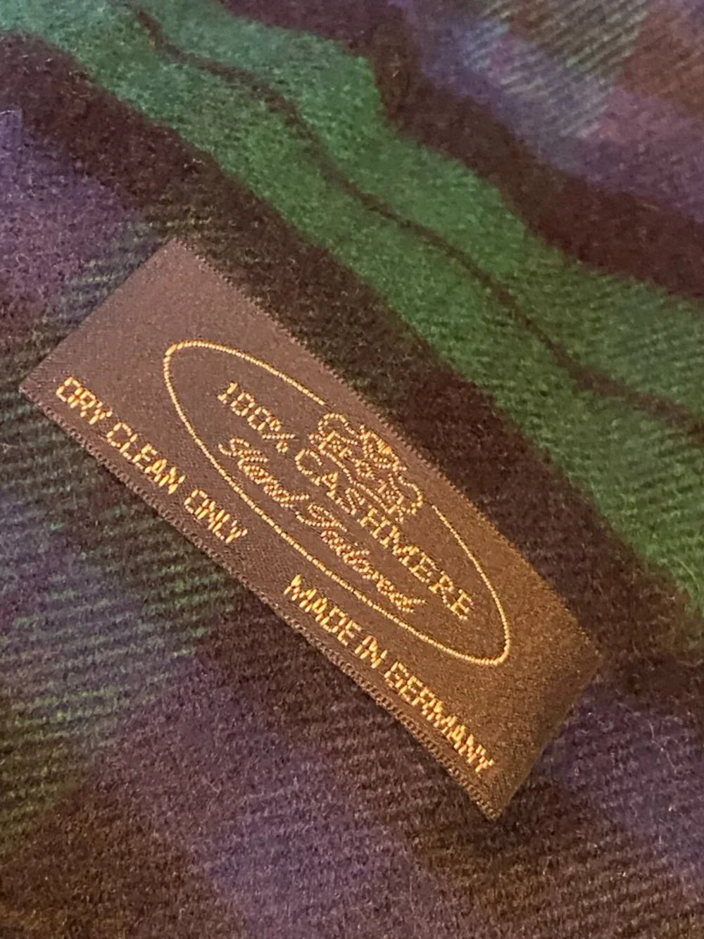 Vintage Hand-Tailored Plaid Scarf Germany 100% Pure Cashmere Tartan Green Blue